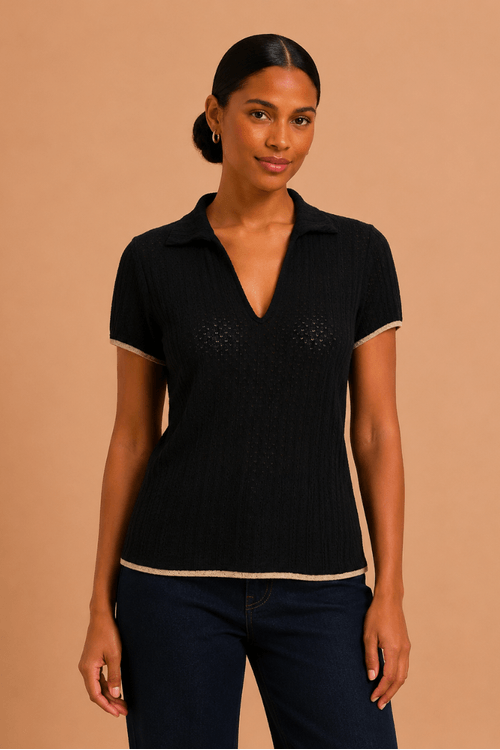 Blusa polo detalhe bicolor PRETO -1-
